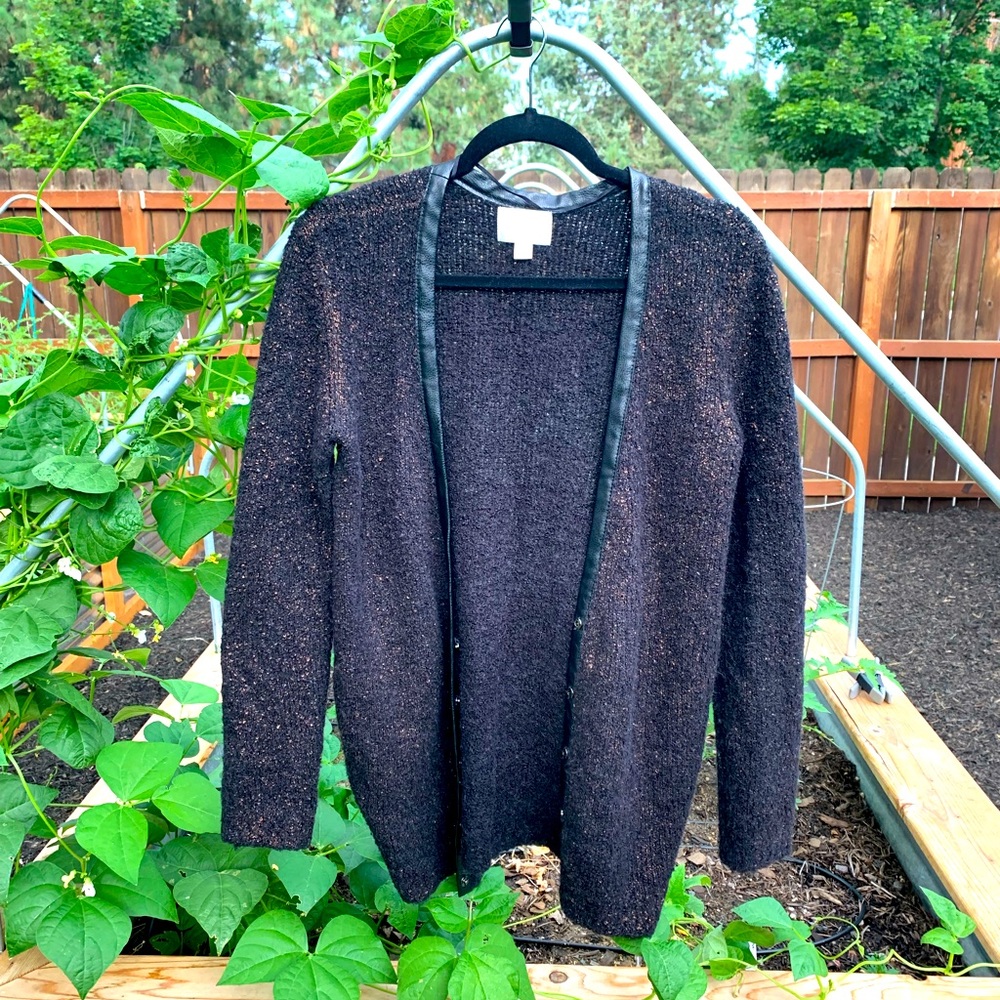 Hinge, wool-alpaca blend long sweater, faux leather trim